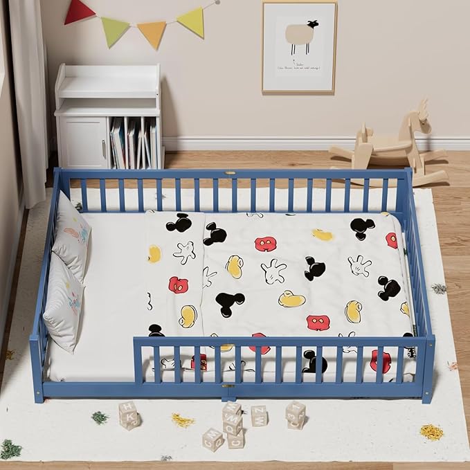 LLS Queen Floor Bed for Kids Toddlers, Solid Wood Multifunctional Montessori Bed Frame with Safety Guardrails, Without Door, Easy Assemble, Mist Blue