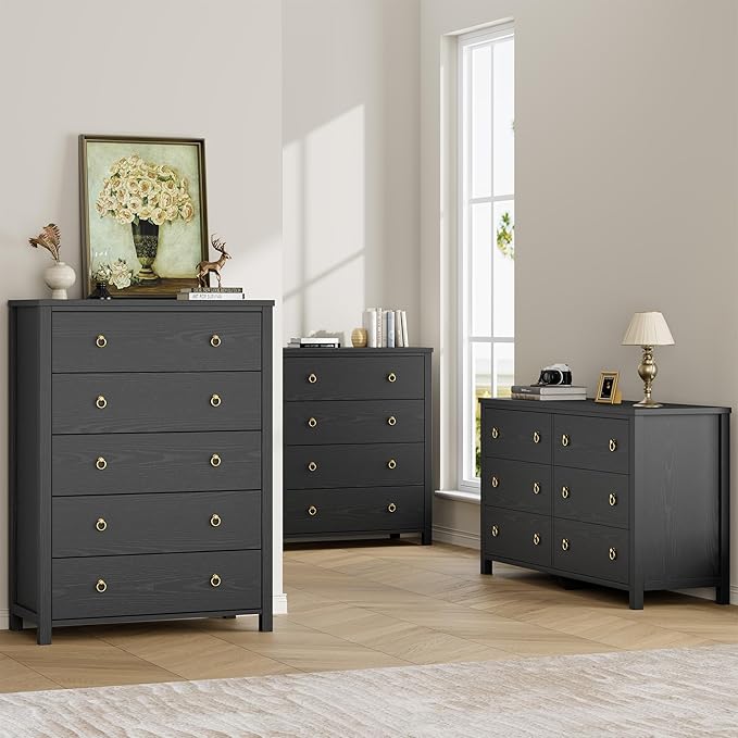 IDEALHOUSE Dresser for Bedroom with 5 Drawers, 45'' Tall Chest of Large Drawers with Large Clothes Storage Cabinet, Wood Bedroom Dresser, TV Stand for Nursery, Living Room, Enterway, Black