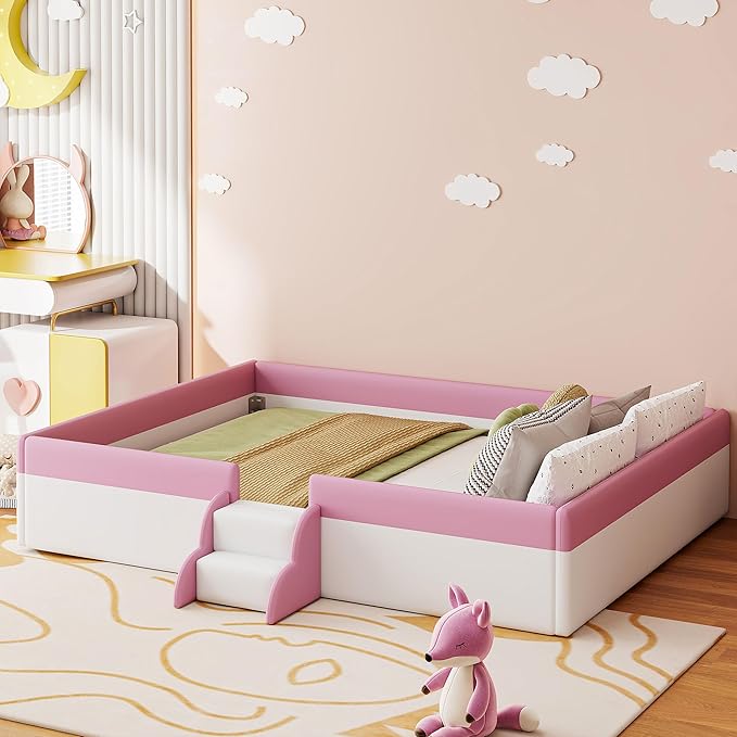 King Size Upholstered Daybed Frame with Fence and Stairs, Montessori Kids Floor Bed with Sturdy Slat Support for Kids Boys Girls