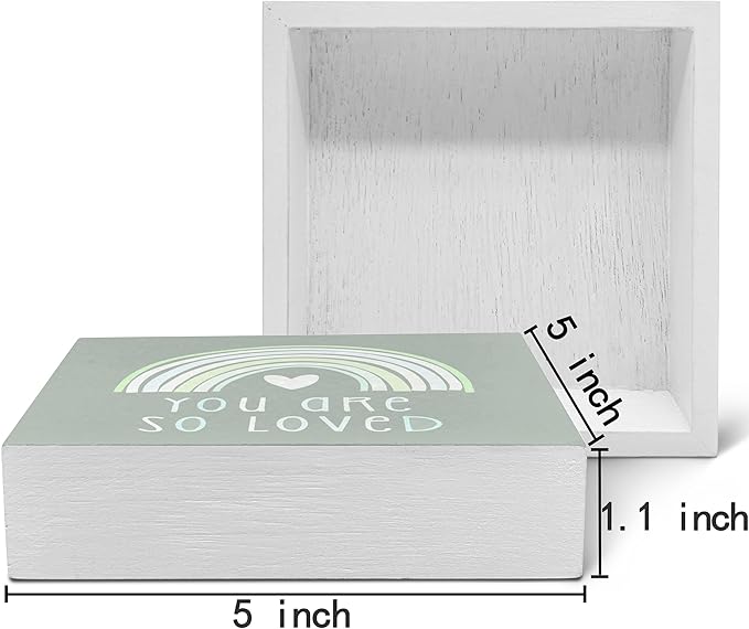 SRADMO You Are So Loved Rainbow Heart Wood Box Sign Desk Decor, Green Kids Inspirational Quotes Wooden Block Box Sign Decoration for Kids Room Nursery Playroom Shelf Table Decorative Accessories