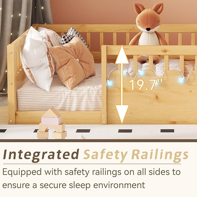 Twin Toddler Floor Bed with High Rails, Kids Montessori Bed Frame with Light and Storage Shelf, Wooden Twin Size Bed Frame for Girls and Boys, Natural