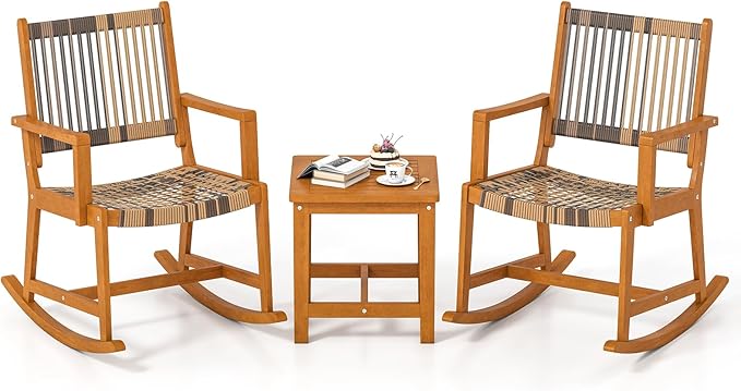 Tangkula 3 Piece Patio Rocking Set, Acacia Wood Rocker Bistro Set w/Rattan Seat & Back, 2 Outdoor Armchairs w/Square Side Table for Porch, Balcony, Backyard