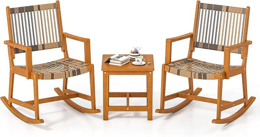Tangkula 3 Piece Patio Rocking Set, Acacia Wood Rocker Bistro Set w/Rattan Seat & Back, 2 Outdoor Armchairs w/Square Side Table for Porch, Balcony, Backyard