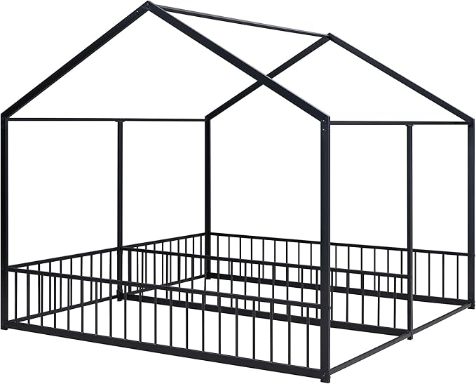 Harper & Bright Designs Metal Twin Size House Platform Bed Frame for Boys Girls Kids Adults Toddler, Two Shared Beds, Black