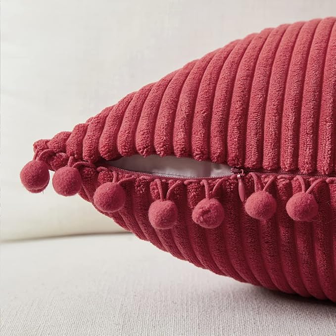 Fancy Homi 2 Packs Burgundy Lumar Decorative Throw Pillow Covers 12x20 Inch with Pom poms, Christmas Home Decor, Soft Corduroy Accent Rectangle Cushion Case for Living Room Couch Bed Sofa