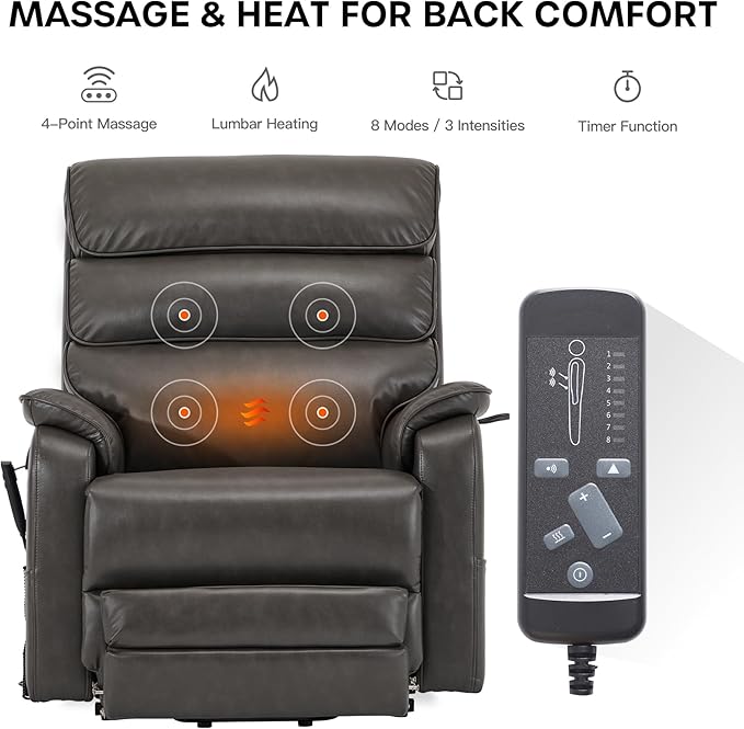 DYNOX 400 LBS Big Tall Man Large-Wide Power Dual Motor Lift Recliners Chairs for Elderly, Lay Flat Lift Chair with Infinite Positions, Heat & Massage, Extended Footrest (9298L,Faux Leather,Grey)