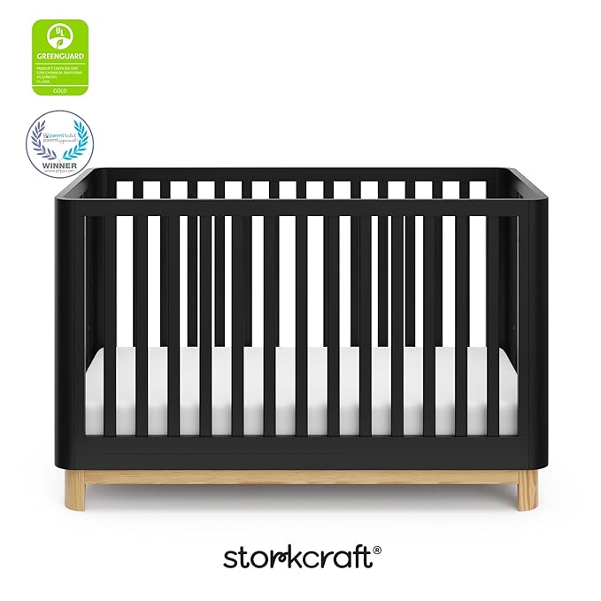 Storkcraft Santos Convertible Crib (Black & Natural) – GREENGUARD Gold Certified, Fits Standard Crib Mattress, Converts to Toddler Bed and Daybed, 4 Adjustable Mattress Heights, Rounded Edges