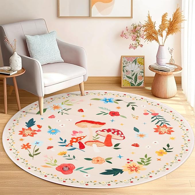 6' Machine Washable Round Area Rug, Non-Slip Vintage Floral Circle Floor Rugs for Kids, Low Pile Room Carpet for Living Room, Bedroom, Dining Room & Nursery(6' Beige Mushroom)