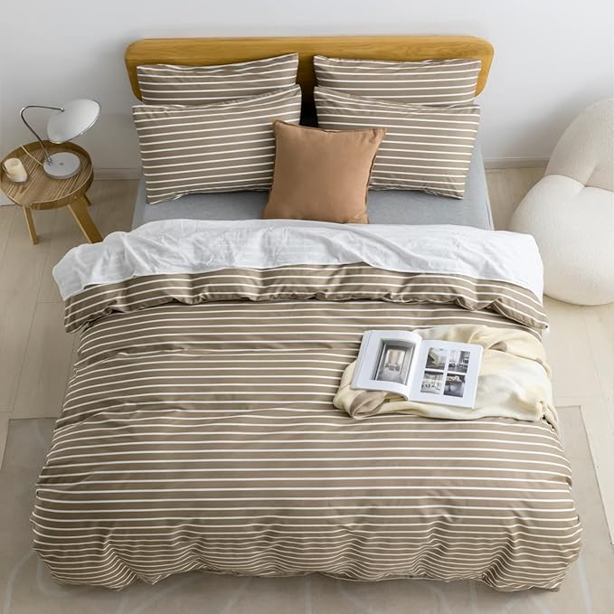 JELLYMONI Twin Duvet Cover Set, Cotton Duvet Cover 2 Pieces with Zipper Closure, 1 Duvet Cover and 1 Pillowcase(Khaki with White Striped)