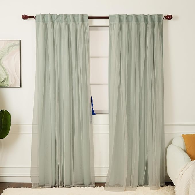 INLINAS 52 x 96 Inch Blackout Curtains with Sheer Overlay - Back Tab and Rod Pocket Thermal and Noise Reduction Panels for Bedroom and Living Room Light Blocking and Energy Saving, Mint, Set of 2