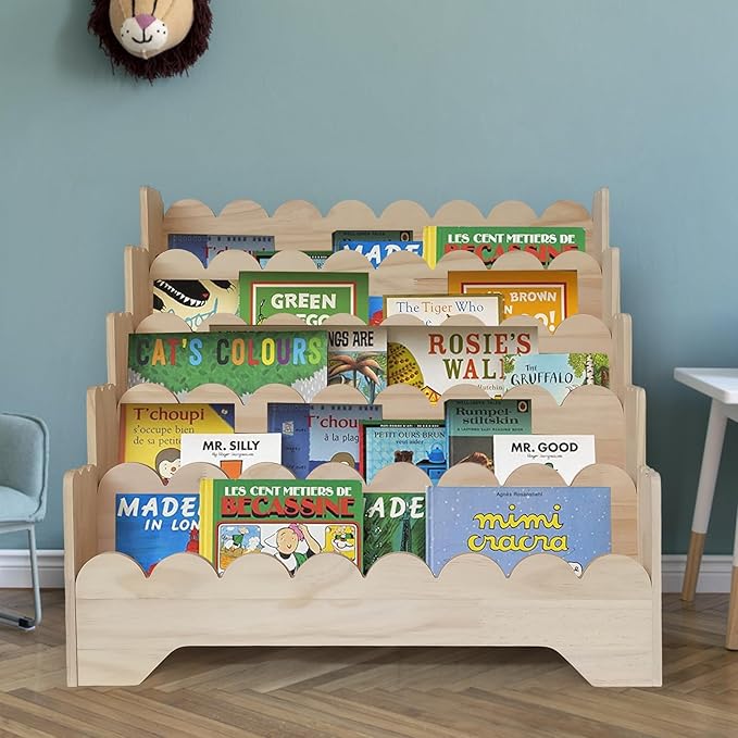5 Tier Large Kids Scalloped Bookshelf Wooden Scalloped Shelf Children Montessori Bookshelf for Kids Room Toddler BookShelves Scalloped Children BookShelves for Nursery ClassRoom LivingRoom