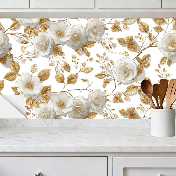 Gold Leaf Flower PVC Wallpaper Sticker 39.37x15.75 Inch White Blossom and Branch Pattern Self Adhesive Decorative Wall Decal for Living Room Bedroom Luxury Home Decor