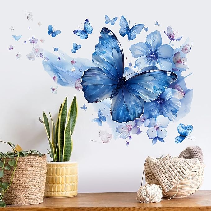Blue Butterfly Wall Decals Removable Butterfly Flower Wall Stickers Peel and Stick Butterflies Wall Decor Stickers for Kids Girls Bedroom Nursery Bathroom Decorations MK3155