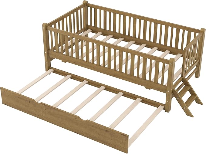 Wood Twin Size Platform Bed with Guardrail and Trundle, Kids Bed with Ladder for Bedroom, Kids Montessori Style Bed Frame for Girls Boys (Walnut-Trundle)