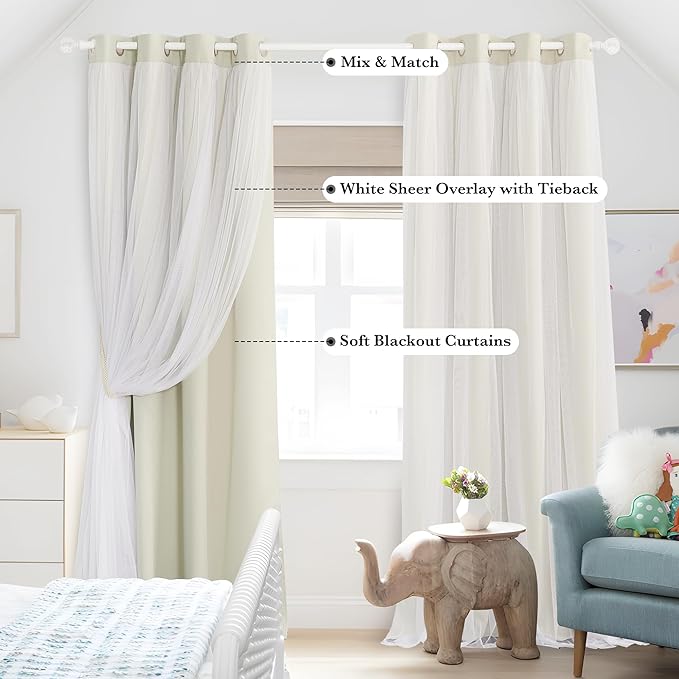 PONY DANCE Double-Layered Curtains - Blackout Curtains 63 Inch Length, Grommet Top Design White Sheer Panels for Bedroom/Living Room (W52xL63, Beige, One Pair, with Free Tie-Backs)
