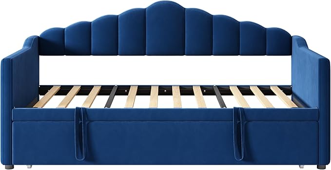 SOFTSEA Twin Daybed with Pop Up Trundle, Velvet Upholstered Daybed with USB Ports, Modern Extendable Sofa Bed Frame with Curved Backrest for Bedroom, Small Space, Blue