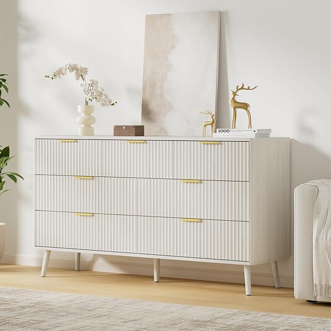 LYNSOM 55" Wide Fluted Dresser for Bedroom with 6 Drawer, Modern Chest of Drawers with Curved Profile Design and Metal Handles, Wood Dresser TV Stand & Storage Organizer for Living Room, White