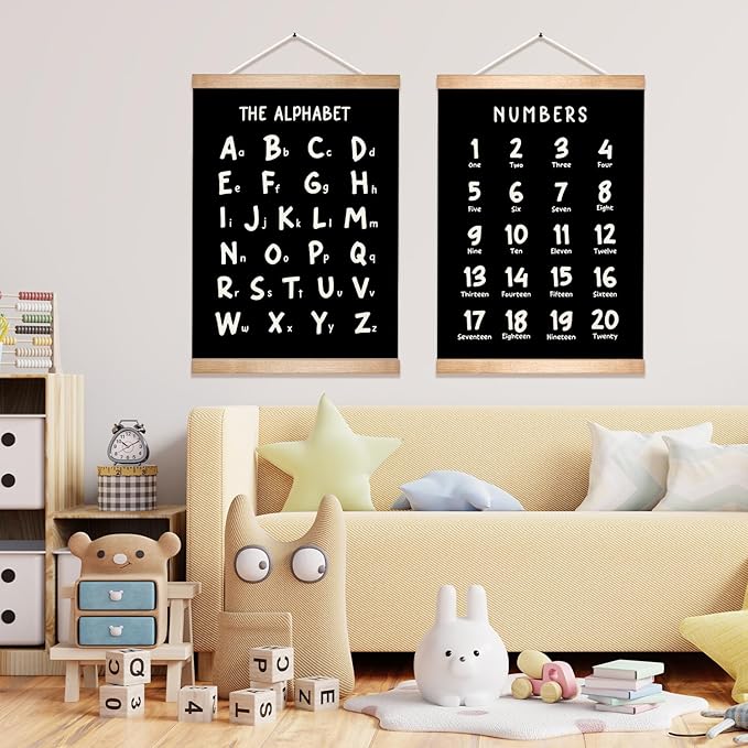 Kids Alphabet and Numbers Educational Chart Set of 2 for Classroom Decor,Colorful Educational Poster for Toddlers 1-3,Toddler Learning Poster for Kids Ages 3-5 for Nursery Playroom,Classroom Must Haves (Black)