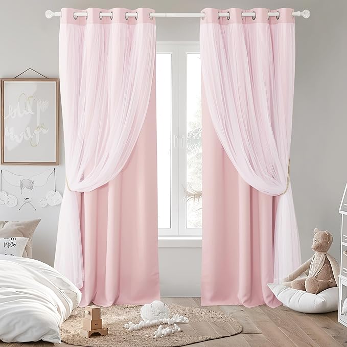 PONY DANCE Rose Blush Pink Bedroom Curtains Double-Layered Backdrop Curtains for Girls Wedding Party with Tiebacks White Sheer Drapes 84 inches Long, Light Blocking for Living Room Windows, 2 PCs