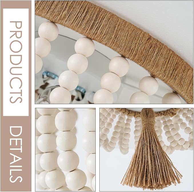 VILUXY Bohemia Wood Beaded Flush Mount Ceiling Light Antique Rustic Mini Round Chandelier White for Bedroom Kitchen Island Girl Room Entryway 3-Light