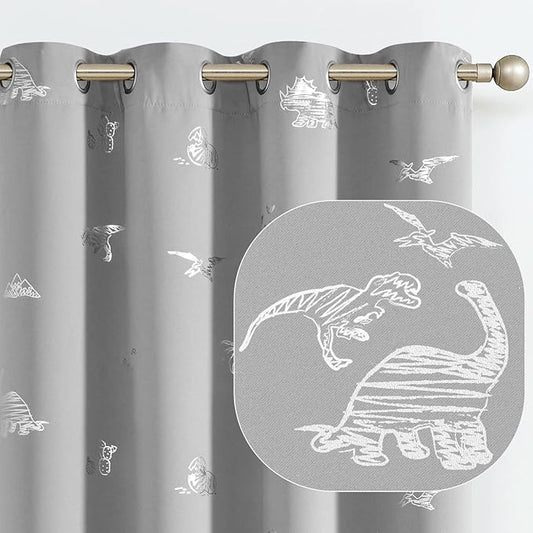 Vangao Grey Blackout Curtains Dinosaur Curtains for Boys Kids Nursery Girls Room Silver Dino Foil Print Thermal Insulated Grommet Top Window Drapes 63 Inches Length 2 Panels