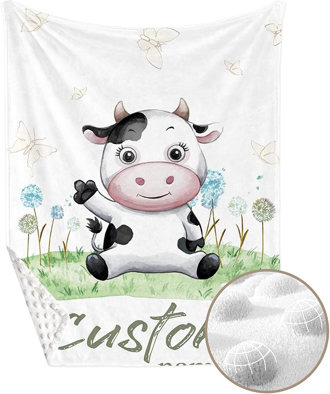 Personalized Crib Bedding Set for Boys Girls, Custom Baby Crib Sets with Name, Cows Theme Nursery Bedding, 2 Piece Baby Crib Sets - Soft Blanket with Double Layer Dotted Backing, Crib Fitted Sheet