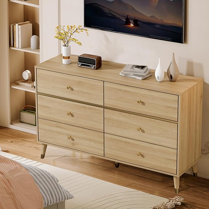 6 Drawer Dresser,47" Wide Mid Century Chest of Drawers,Wooden Bedroom Drawer Dresser with 6 Storage Drawers for Bedroom,Living Room,with Anti-Tipping Device,Wood