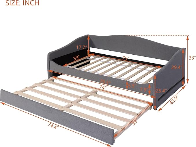 Merax Twin Size Upholstered Daybed with Light and Trundle, Gray Teddy Fleece Sofa Bed Modern Wooden Platform Bed Frame for Bedroom, Living Room, Guest Room, Apartment