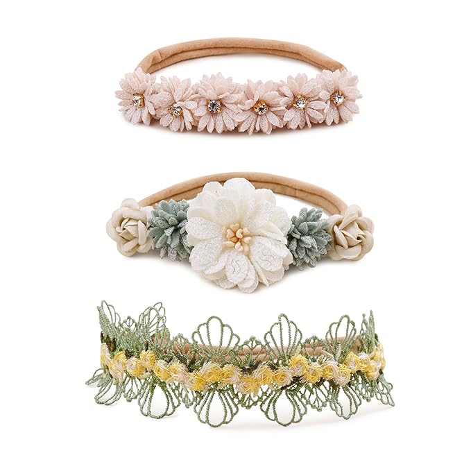 Baby Girl Floral Headband Nylon Flower Crown Elastic Hairband 3pcs Hair Accessories Gift for Girls (9571)