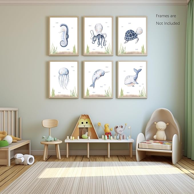 Wodkwq Nursery Wall Art Sea Animal Canvas Prints Baby Girl Boy Room Decor Watercolor Paintings Pictures Cute Ocean Theme Toddler Room Decoration Set of 6 for Kids Bedroom Bathroom 12x16in Unframed