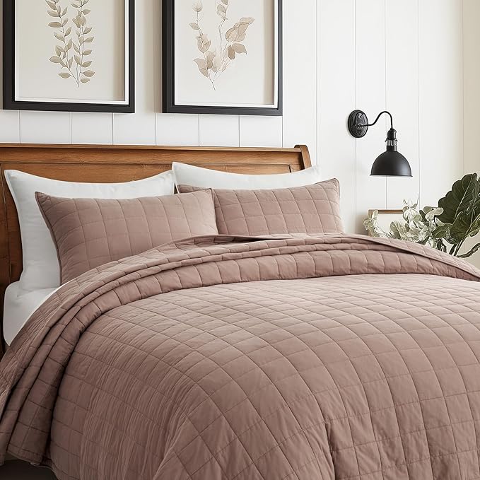 EVERGRACEHOME 100% Cotton Box Stitch Quilt Bedding Set King Size 3 Pieces, Garment-Washed Lightweight Soft Cozy Coverlet, Oversized Quilted Bedspread Sets with 2 Shams for All Season, Clay