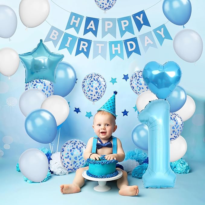 1st Birthday Decoration for Boys, Blue White Confetti 1st Birthday Balloon with 40Inch Number 1 Blue Balloons Star Heart Foil Balloon and Happy Birthday Banner for Baby 1 Year Old Birthday Party Decor
