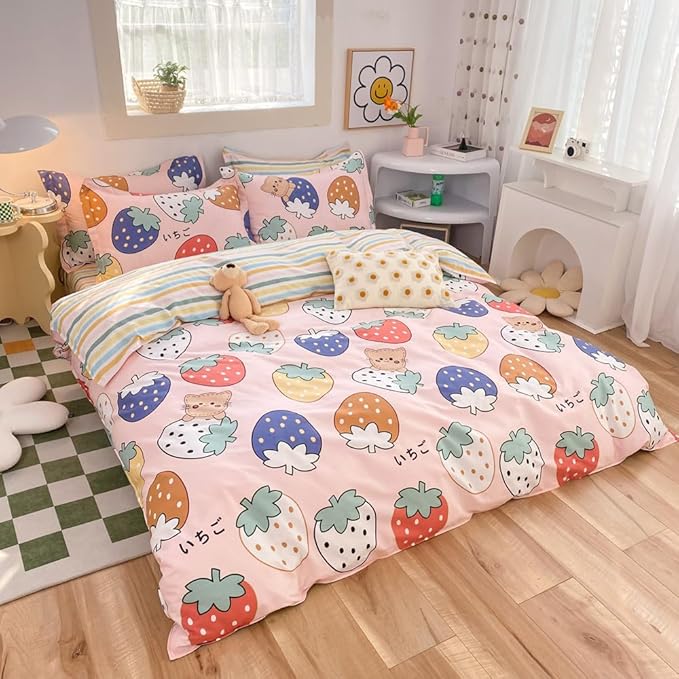 100% Cotton Kids Duvet Cover Set - Kawaii Cartoon Strawberry Bedding for Toddler Girls & Boys, Queen Size 3-Piece Breathable Soft Comforter Cover with Zipper Closure (Strawberry,Queen)