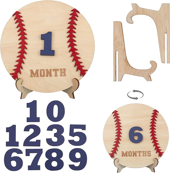 Wooden 3D Baby Monthly Milestone Cards Monthly Milestone Discs Newborn Photography Props Baby Announcement Sign Baby (Baseball)