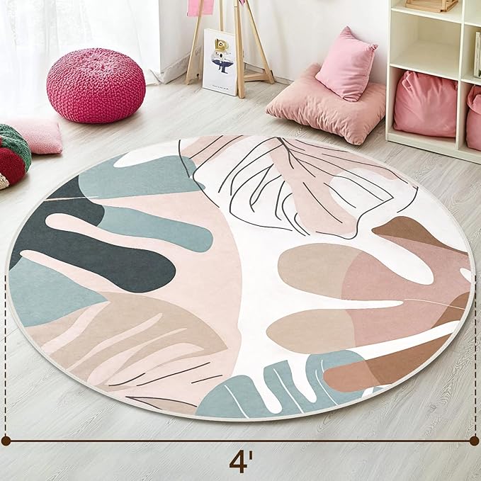 4' Machine Washable Round Area Rug, Non-Slip Abstract Boho Circle Floor Rugs for Kids, Low Pile Room Carpet for Living Room, Bedroom, Dining Room & Nursery(4' Pink)