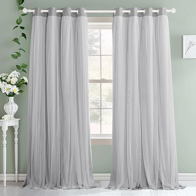 PONY DANCE Blackout Curtains 84 Inches Long - White Sheer Overlay Double Layer Thermal Insulated Drapess for Living Bedroom with Tiebacks,(W52 x L84 inch, Silver Grey, One Pair Grommet Drapes)