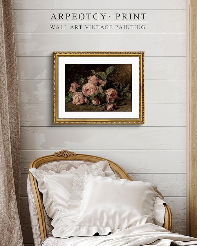 ARPEOTCY Vintage Gold Framed Large Wall Art, Retro Still life Pink Roses Canvas Prints Artwork with Antique Frame, Victorian Wall Paintings Decor for Living Room Gallery, 16x20 inch