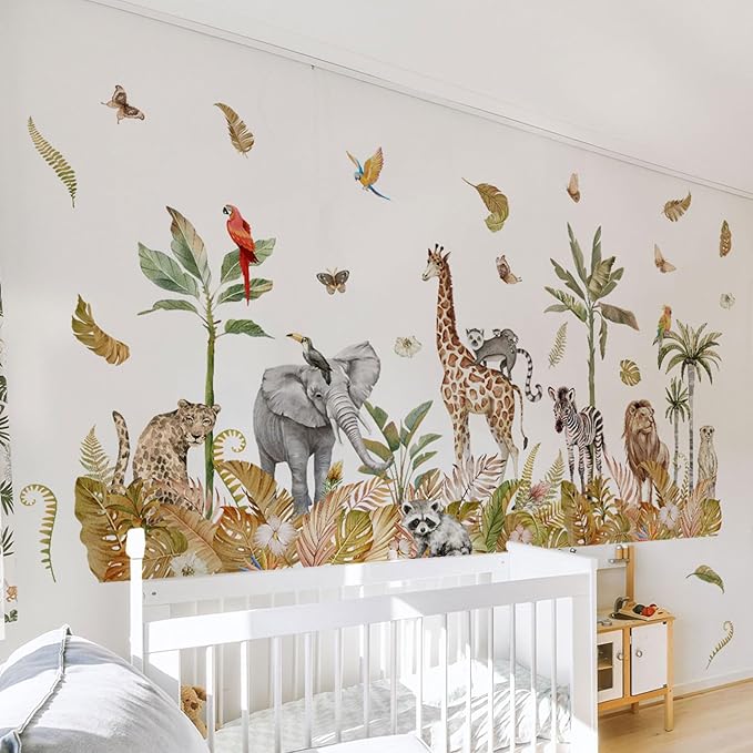 Large Safari Animals Boho Tropical Rainforest Leaves Tree Wall Stickers Jungle Animals Giraffe Elephant Lion Leopard Parrot Wall Decals for Living Room Bed Room Class Room Wall Décor