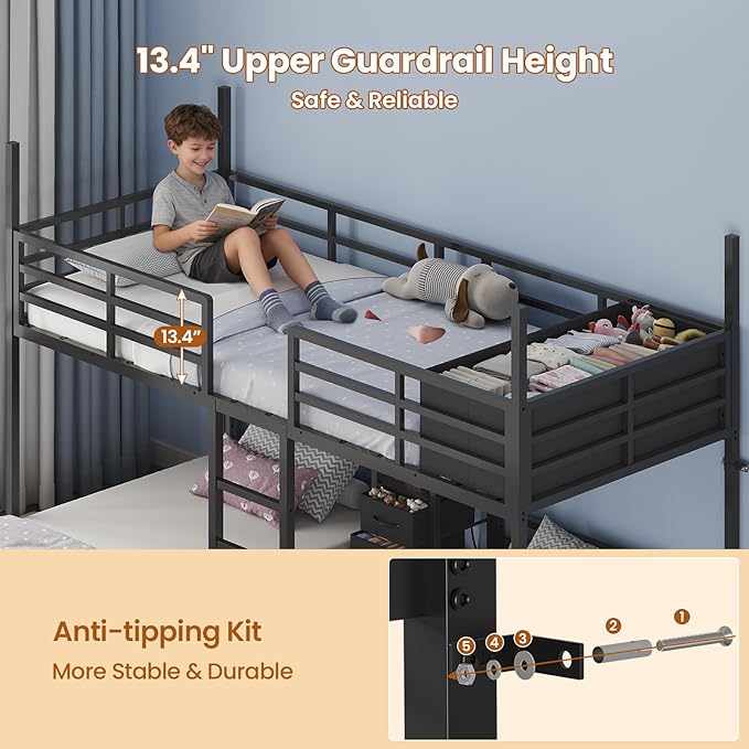 BTHFST Triple Bunk Bed Twin Size with House, 4 Storage Drawers, Charging Station and LED Lights, Metal Kids Bunk Bed with 13.4" H Safety Guardrail and Play Curtain, DIY House Shaped Bed, Black