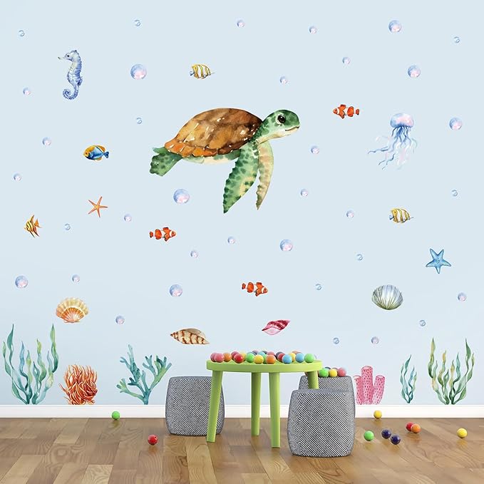 Large Summer Ocean Window Clings Decals, Watercolor Sea Turtle Jellyfish Bubbles Wall Stickers, Peel and Stick Ocean Anmial Wall Decor for Bedroom Bathroom Window School Nursery Decoration