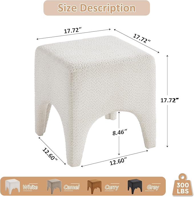 17" Boucle Modern Square Foot Stool Ottoman, Vanity Stool for Makeup, Rectangle Foot Rest for Couch, Upholstered Ottoman Stool for Living Room, Bedroom, Entryway (1, White)