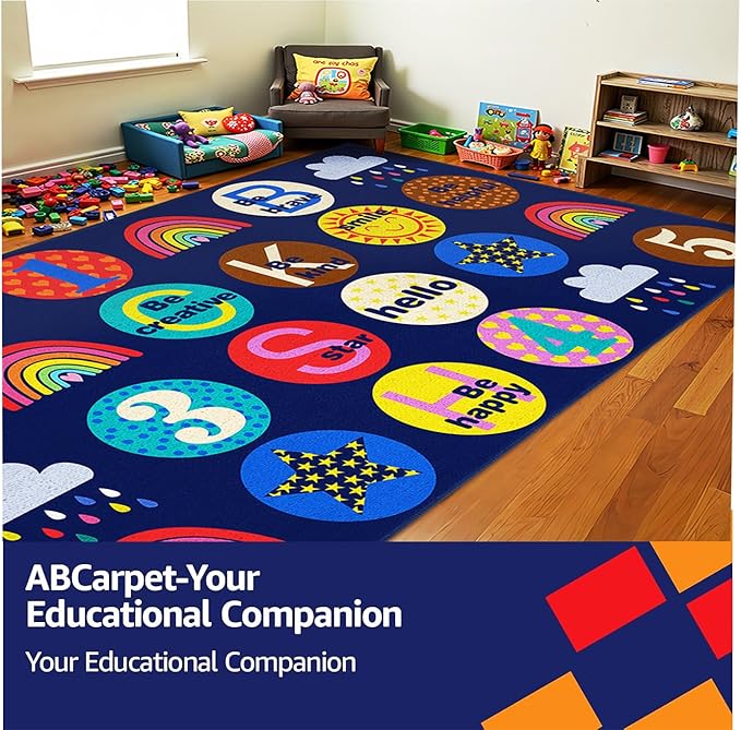 Education Classroom Rug Elementary Nylon Classroom Seating Carpet 7'5"x13' with 24 Seats Durable Blue Nursery Learning Rug for Preschool, Daycare, Playroom (Education, 7'6"x13'1")