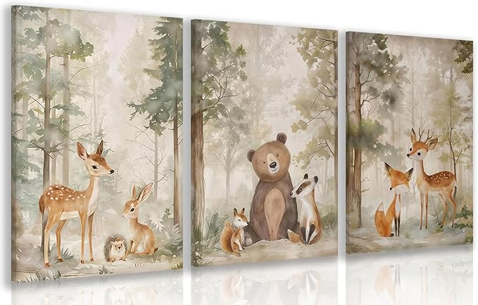 Cyebmo Framed Woodland Animals Wall Art Set of 3, Baby Boy Wild Forest Animals Wall Decor, Deer Bear Fox Wrapped Canvas Painting, Neutral Aesthetic Pictures for Kids Room Benroom Nursery 12"x16"x3