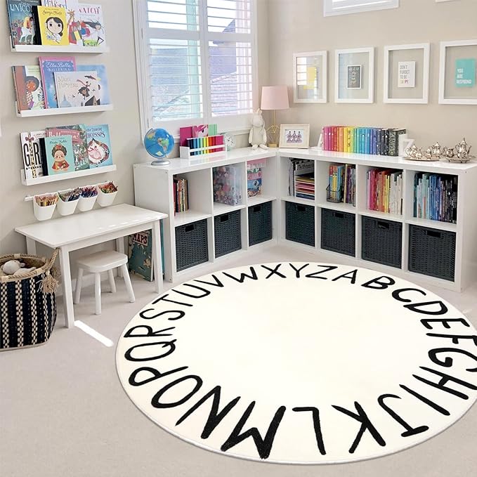 LIVEBOX ABC Play Room Round Kids Rug Circle for Playroom, Learning Nursery Rug Alphabet Washable Rug for Baby Boy and Girl Bedroom, Non-Slip Educationa Carpet for Toddlers (59",Black,Beige)