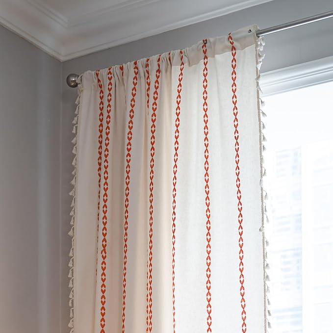 Deeprove Rust Orange Boho Curtains 84 inches Length for Living Room Bedroom Nursery, Burnt Bohemian Embroidery Farmhouse Tassel Privacy Window Treatments for Halloween Decor W52 x L84, 1 Panel