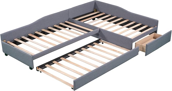 Bellemave L-Shape Platform Bed Twin Size Upholstered Daybed with Trundle and Storage Drawer Linen Corner Day Bed Frame for 3 Kids Boys Girls Teens, Gray