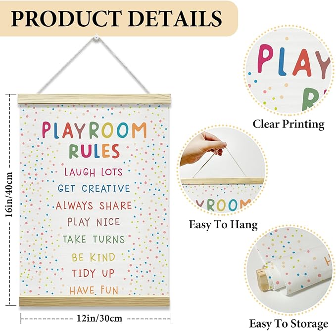 Nopoben Playroom Rules Poster Hanger Frame, Playroom Wall Art With Wooden Poster Hanger, Play Room Wall Decor, Classroom Kids Room Nursery Bedroom Decor(12x16 Inches)-22