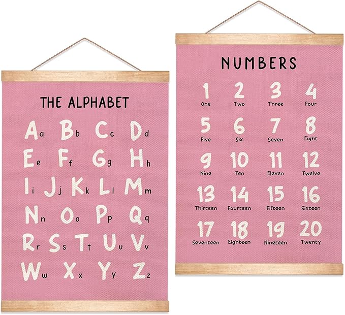 Kids Alphabet and Numbers Educational Chart Set of 2 for Classroom Decor,Colorful Educational Poster for Toddlers 1-3,Toddler Learning Poster for Kids Ages 3-5 for Nursery Playroom,Classroom Must Haves 14x18.5Inch(Pink)