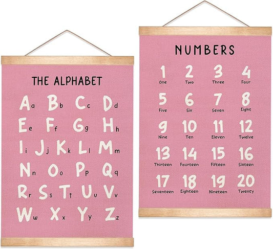 Kids Alphabet and Numbers Educational Chart Set of 2 for Classroom Decor,Colorful Educational Poster for Toddlers 1-3,Toddler Learning Poster for Kids Ages 3-5 for Nursery Playroom,Classroom Must Haves 14x18.5Inch(Pink)