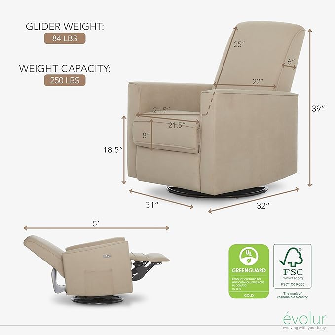 Evolur Harlow Upholstered Power Glider Recliner with USB Charging – Rocking & 275° Swivel with Smooth Glide – Greenguard Gold & FSC Certified – Modern Nursery and Living Room Chair in Light Sand